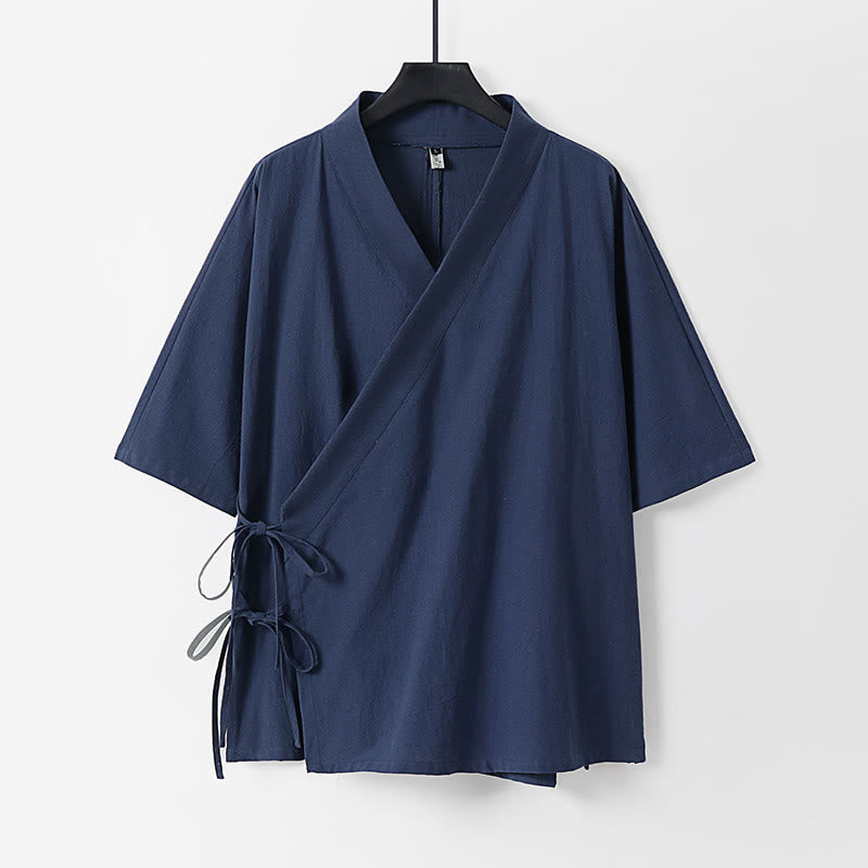 Buddha Stones Plain Lace-up Cotton Linen Men's Three Quarter Sleeve Kimono - SteelBlue - US/UK/AU54,EU64 (9XL) - image 10