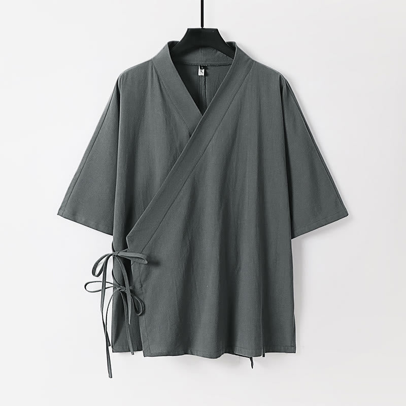 Buddha Stones Plain Lace-up Cotton Linen Men's Three Quarter Sleeve Kimono - Gray - US/UK/AU54,EU64 (9XL) - image 0