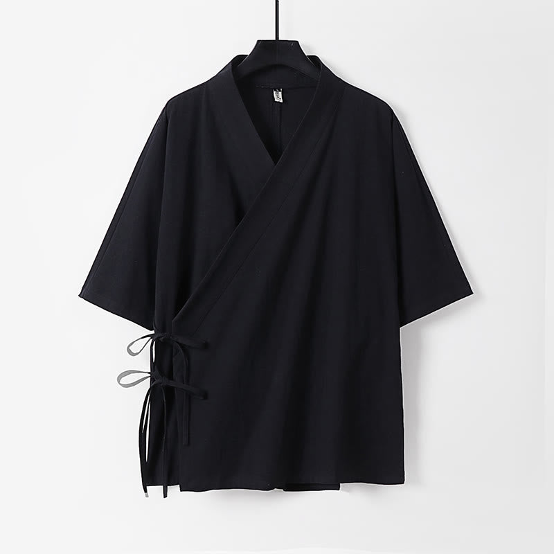 Buddha Stones Plain Lace-up Cotton Linen Men's Three Quarter Sleeve Kimono - Black - US/UK/AU54,EU64 (9XL) - image 9