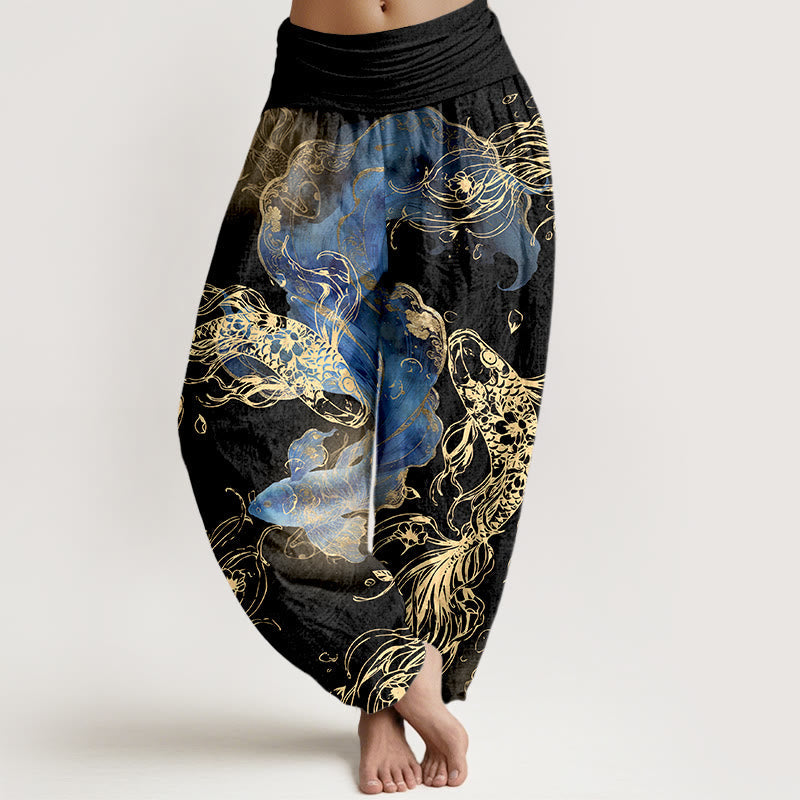Buddha Stones Pure Cotton Lively Koi Fish Pattern Women's Elastic Waist Harem Pants - Black - US16,UK/AU20,EU48 (3XL) - image 5