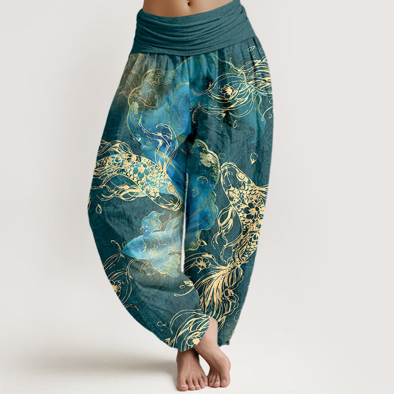 Buddha Stones Pure Cotton Lively Koi Fish Pattern Women's Elastic Waist Harem Pants - Teal - US16,UK/AU20,EU48 (3XL) - image 8