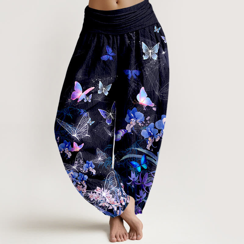 Buddha Stones Pure Cotton Dreamlike Butterfly Flower Grass Bamboo Pattern Women's Elastic Waist Harem Pants - Black - US16,UK/AU20,EU48 (3XL) - image 0
