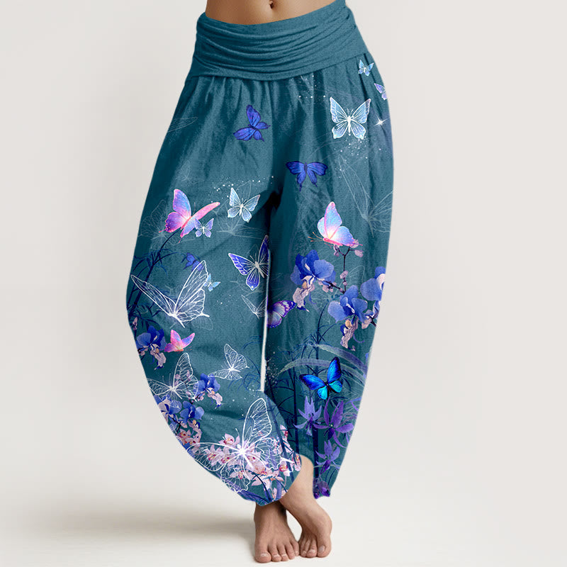 Buddha Stones Pure Cotton Dreamlike Butterfly Flower Grass Bamboo Pattern Women's Elastic Waist Harem Pants - Teal - US16,UK/AU20,EU48 (3XL) - image 5