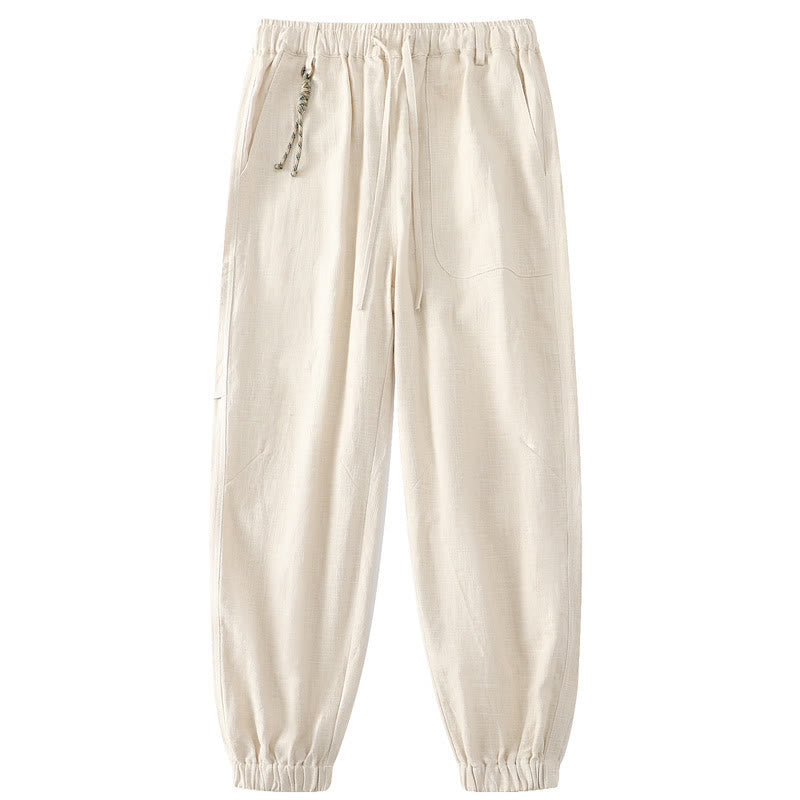 Buddha Stones Summer Ramie Linen Cotton Ankle-Length Elastic Cuffs Tapered Men's Pants With Pockets - Beige - US/UK/AU46,EU56 (5XL) - image 0