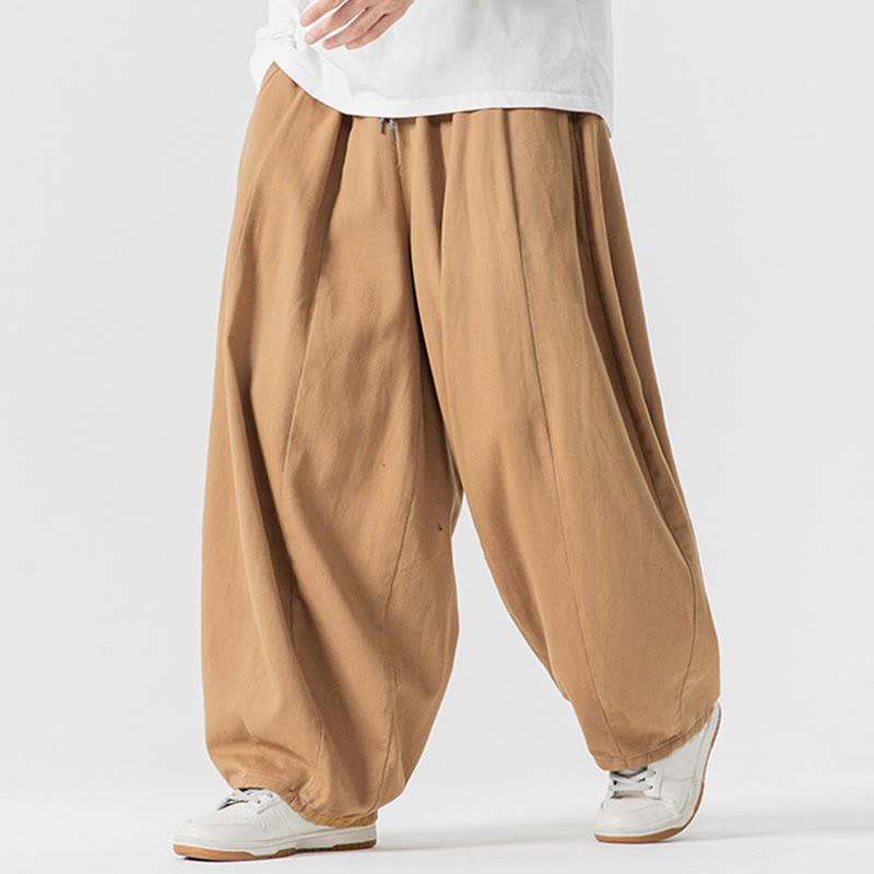 Buddha Stones Fall Solid Color Cotton Elastic Waist Men's Harem Pants With Pockets - image 8