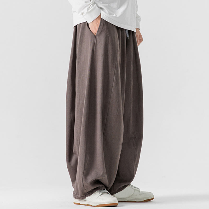 Buddha Stones Fall Solid Color Cotton Elastic Waist Men's Harem Pants With Pockets - image 19
