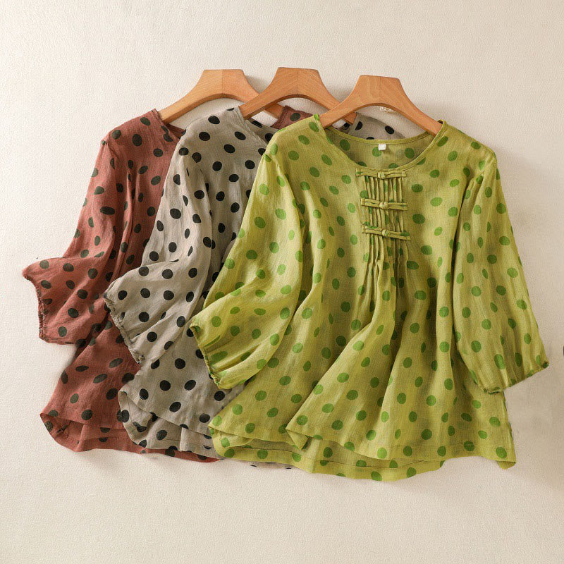 Buddha Stones Fall Round Neck Polka Dots Long Sleeve Women's Polyester Shirt - image 27