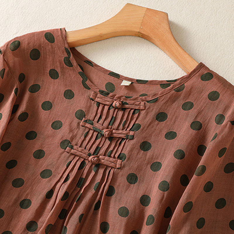 Buddha Stones Fall Round Neck Polka Dots Long Sleeve Women's Polyester Shirt - image 1