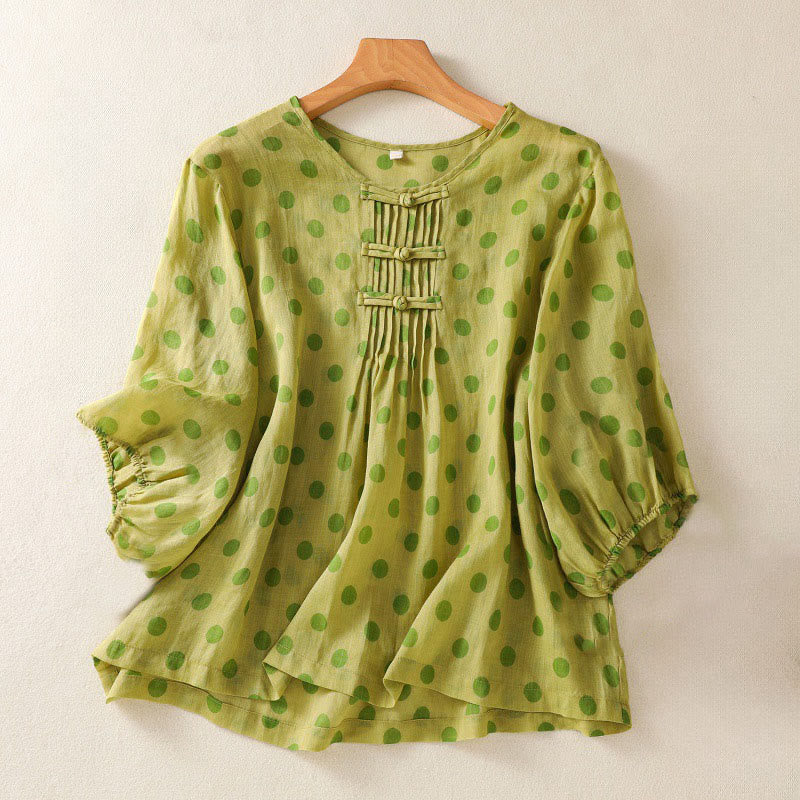 Buddha Stones Fall Round Neck Polka Dots Long Sleeve Women's Polyester Shirt - YellowGreen - US12,UK/AU16,EU44 (2XL) - image 7
