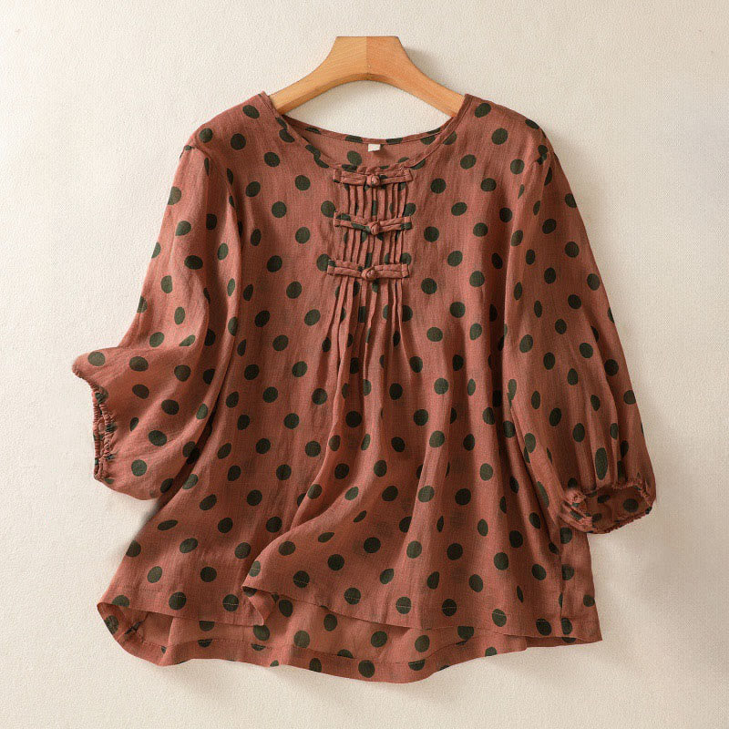 Buddha Stones Fall Round Neck Polka Dots Long Sleeve Women's Polyester Shirt - FireBrick - US12,UK/AU16,EU44 (2XL) - image 0