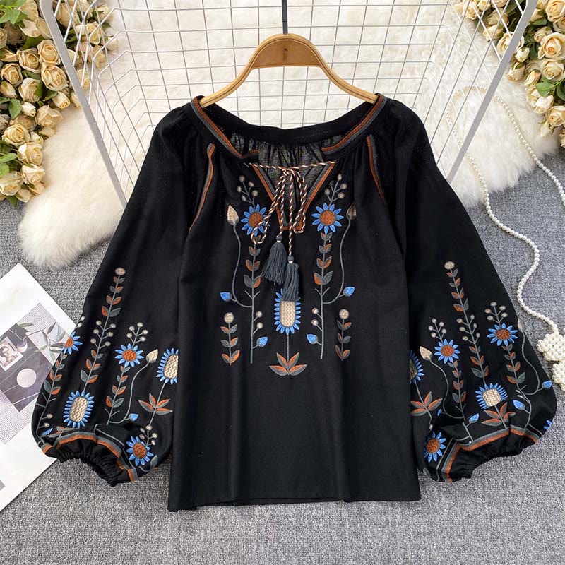 Buddha Stones Casual Embroidery Flower Leaf Pattern Women's Cotton Linen Round Neck T-shirt - Black - US4-6,UK/AU8-10,EU36-38 (F) - image 15