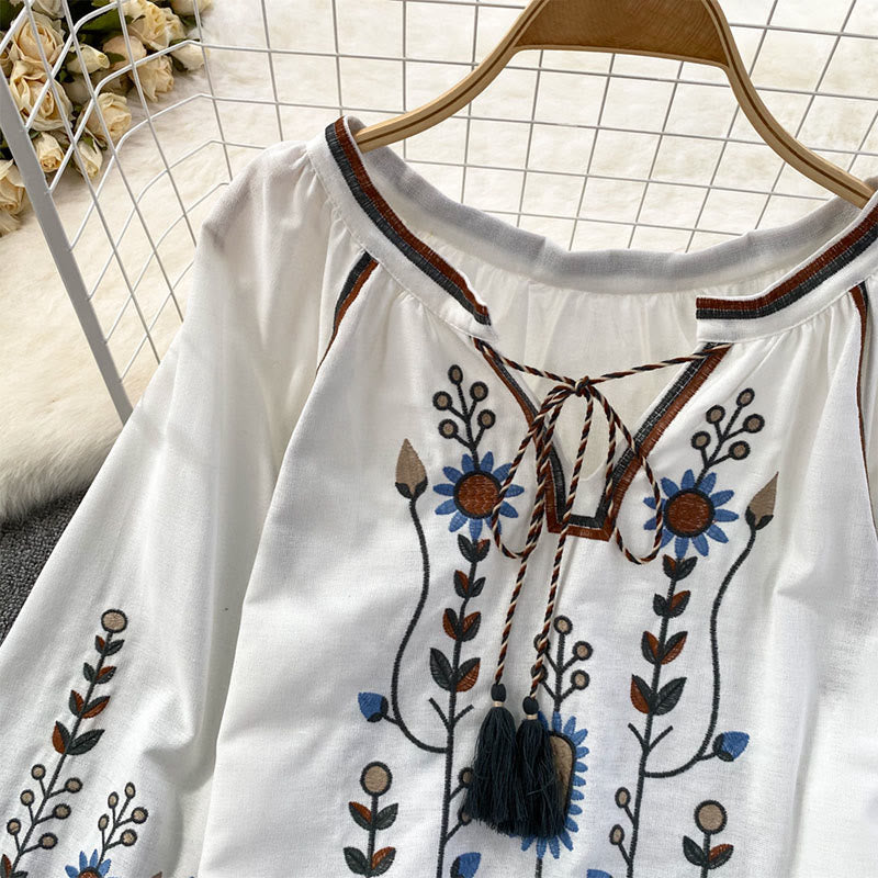 Buddha Stones Casual Embroidery Flower Leaf Pattern Women's Cotton Linen Round Neck T-shirt - image 14