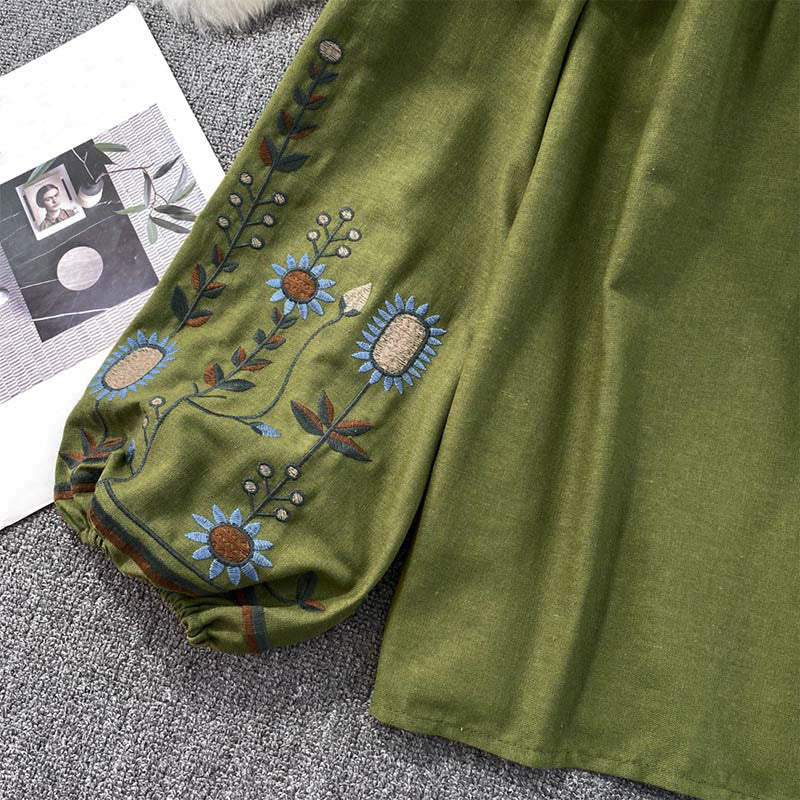 Buddha Stones Casual Embroidery Flower Leaf Pattern Women's Cotton Linen Round Neck T-shirt - image 8