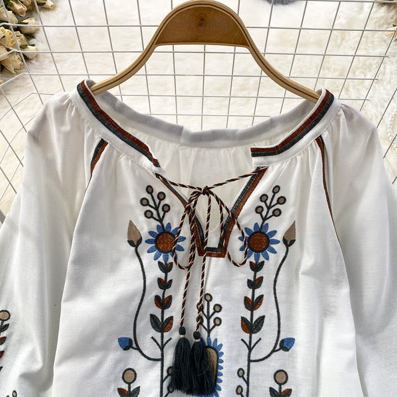 Buddha Stones Casual Embroidery Flower Leaf Pattern Women's Cotton Linen Round Neck T-shirt - image 12