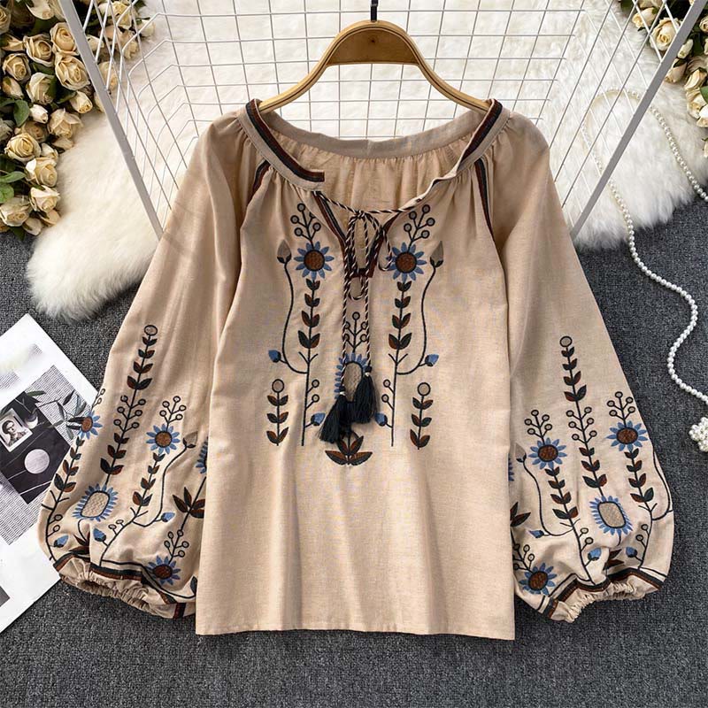 Buddha Stones Casual Embroidery Flower Leaf Pattern Women's Cotton Linen Round Neck T-shirt - BurlyWood - US4-6,UK/AU8-10,EU36-38 (F) - image 21