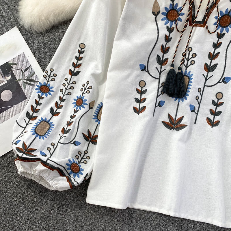 Buddha Stones Casual Embroidery Flower Leaf Pattern Women's Cotton Linen Round Neck T-shirt - image 13