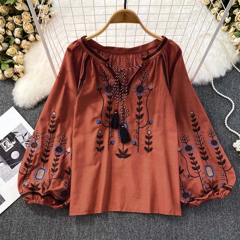 Buddha Stones Casual Embroidery Flower Leaf Pattern Women's Cotton Linen Round Neck T-shirt - Tomato - US4-6,UK/AU8-10,EU36-38 (F) - image 17