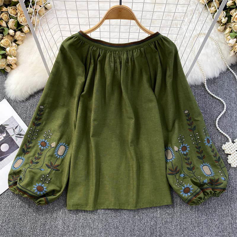 Buddha Stones Casual Embroidery Flower Leaf Pattern Women's Cotton Linen Round Neck T-shirt - image 1