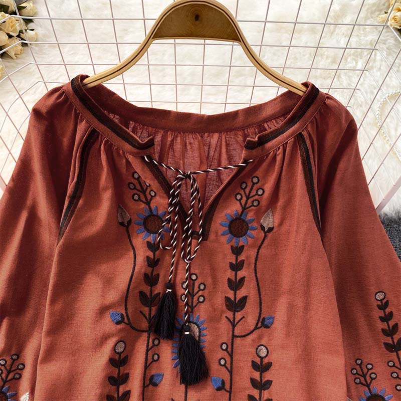 Buddha Stones Casual Embroidery Flower Leaf Pattern Women's Cotton Linen Round Neck T-shirt - image 18
