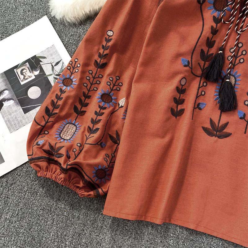 Buddha Stones Casual Embroidery Flower Leaf Pattern Women's Cotton Linen Round Neck T-shirt - image 20