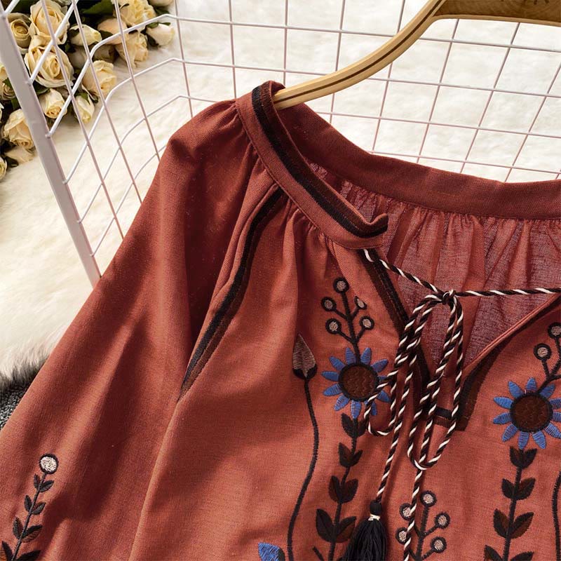 Buddha Stones Casual Embroidery Flower Leaf Pattern Women's Cotton Linen Round Neck T-shirt - image 19
