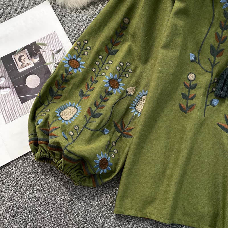 Buddha Stones Casual Embroidery Flower Leaf Pattern Women's Cotton Linen Round Neck T-shirt - image 5