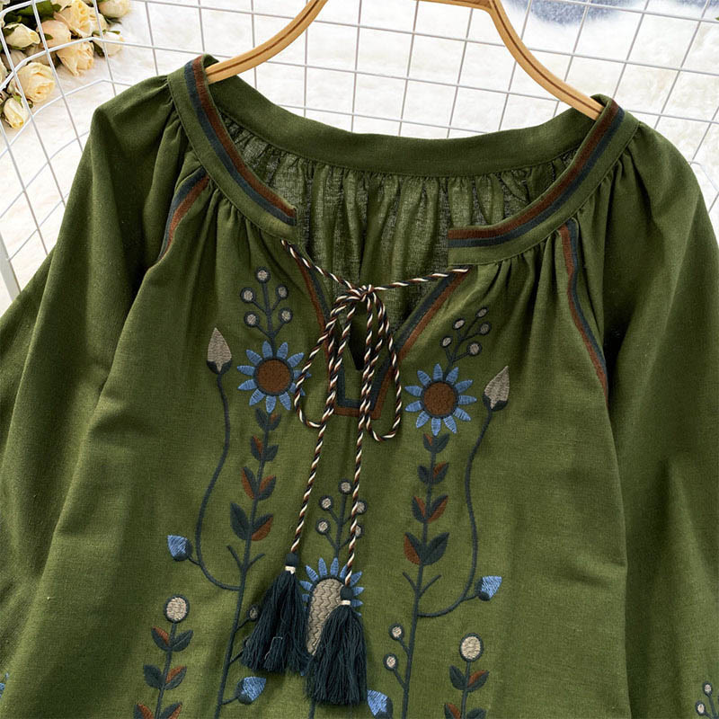 Buddha Stones Casual Embroidery Flower Leaf Pattern Women's Cotton Linen Round Neck T-shirt - image 2