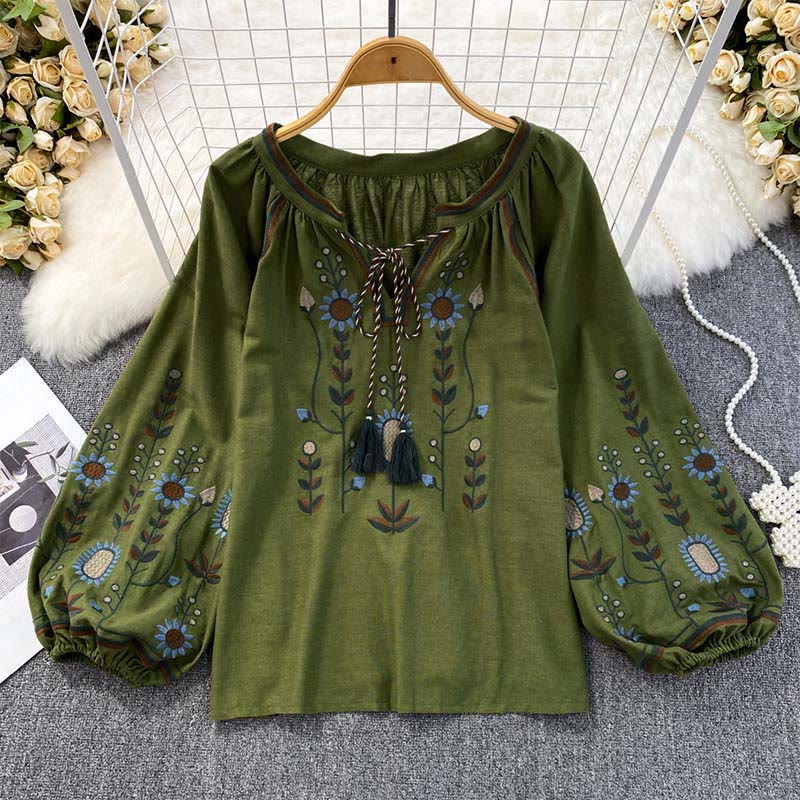 Buddha Stones Casual Embroidery Flower Leaf Pattern Women's Cotton Linen Round Neck T-shirt - DarkGreen - US4-6,UK/AU8-10,EU36-38 (F) - image 0