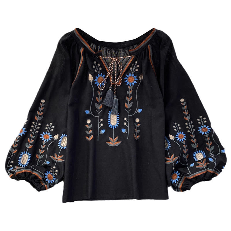 Buddha Stones Casual Embroidery Flower Leaf Pattern Women's Cotton Linen Round Neck T-shirt - image 16