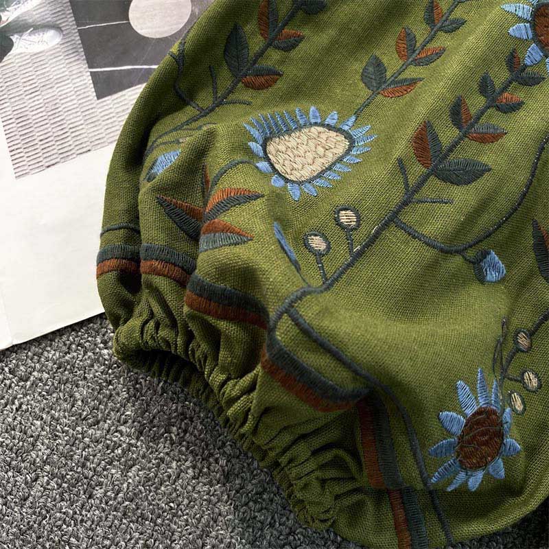 Buddha Stones Casual Embroidery Flower Leaf Pattern Women's Cotton Linen Round Neck T-shirt - image 6