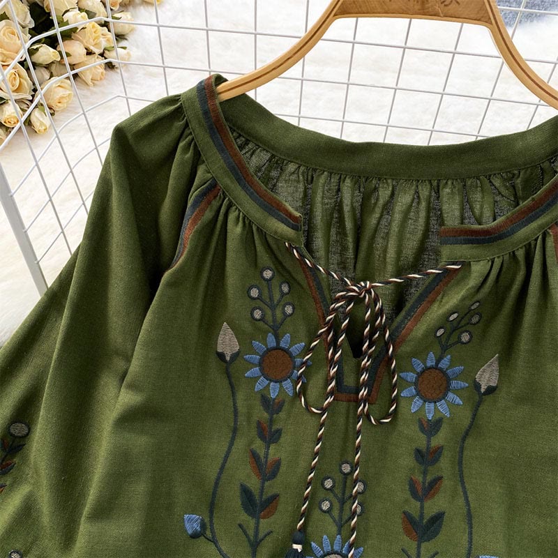Buddha Stones Casual Embroidery Flower Leaf Pattern Women's Cotton Linen Round Neck T-shirt - image 4