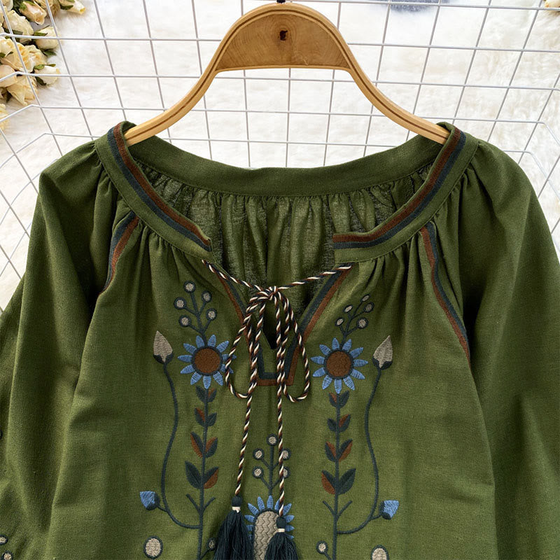 Buddha Stones Casual Embroidery Flower Leaf Pattern Women's Cotton Linen Round Neck T-shirt - image 3