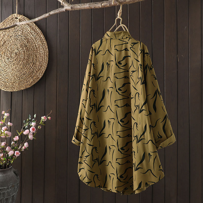 Buddha Stones Spring Fall Stand Collar Line Pattern Long Sleeve Women's Cotton Polyester Shirt - image 3