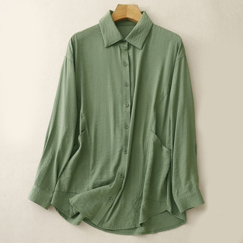 Buddha Stones Spring Fall Stand Collar Plain Long Sleeve Women's Cotton Polyester Shirt - Green - US8-10,UK/AU12-14,EU40-42 (2XL) - image 6