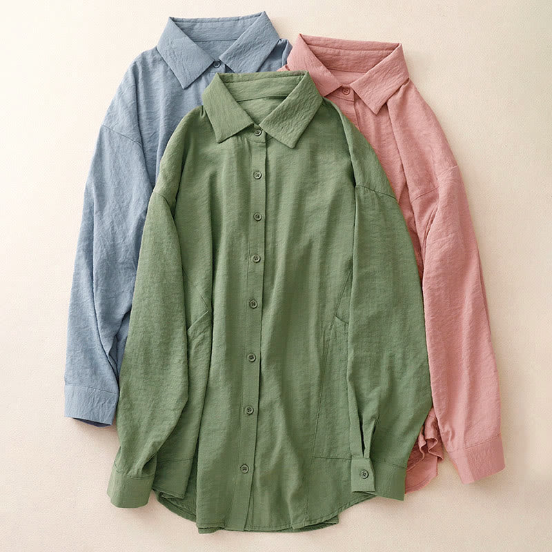 Buddha Stones Spring Fall Stand Collar Plain Long Sleeve Women's Cotton Polyester Shirt - image 25
