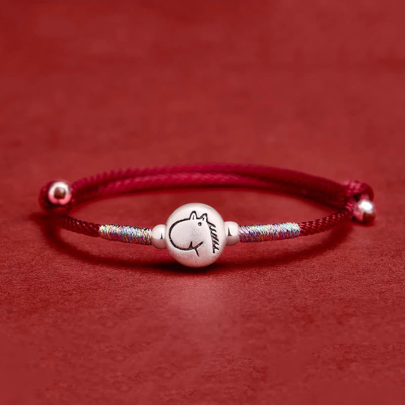 Buddha Stones Year of the Horse 999 Sterling Silver Red String Luck Bracelet - Horse DarkRed String(Wrist Circumference: 14-18 cm) - image 0