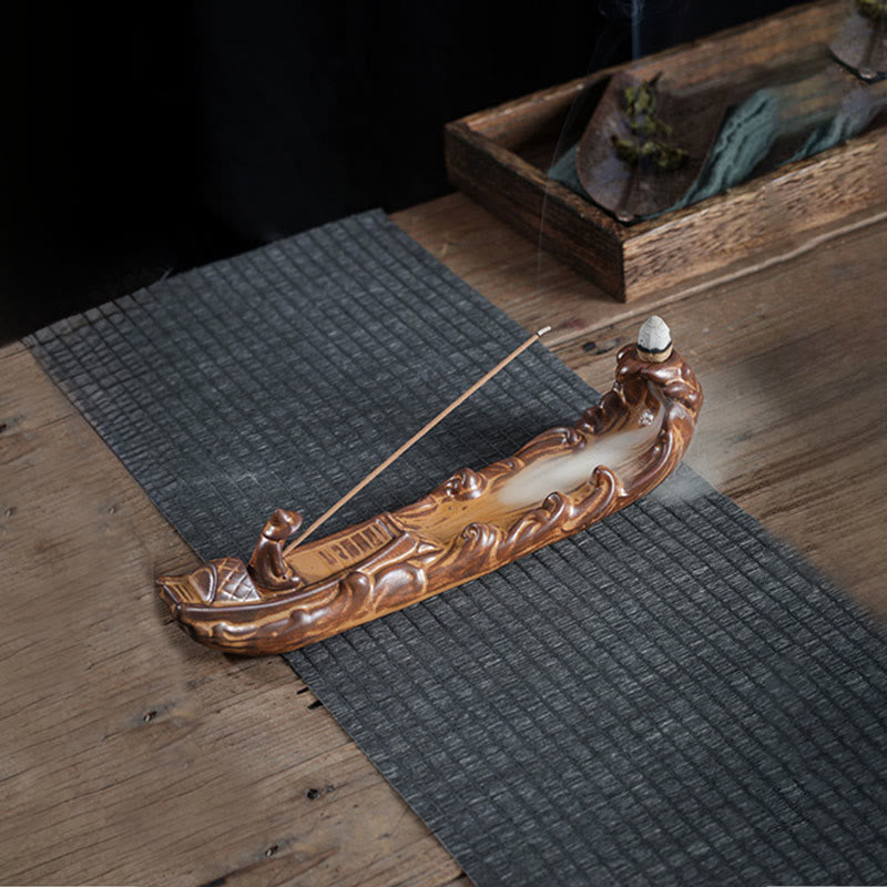 Buddha Stones Small Boat Cicada Home Decoration Incense Burner - Fishing From A Lone Boat(25*5.5*5.5cm) - image 0