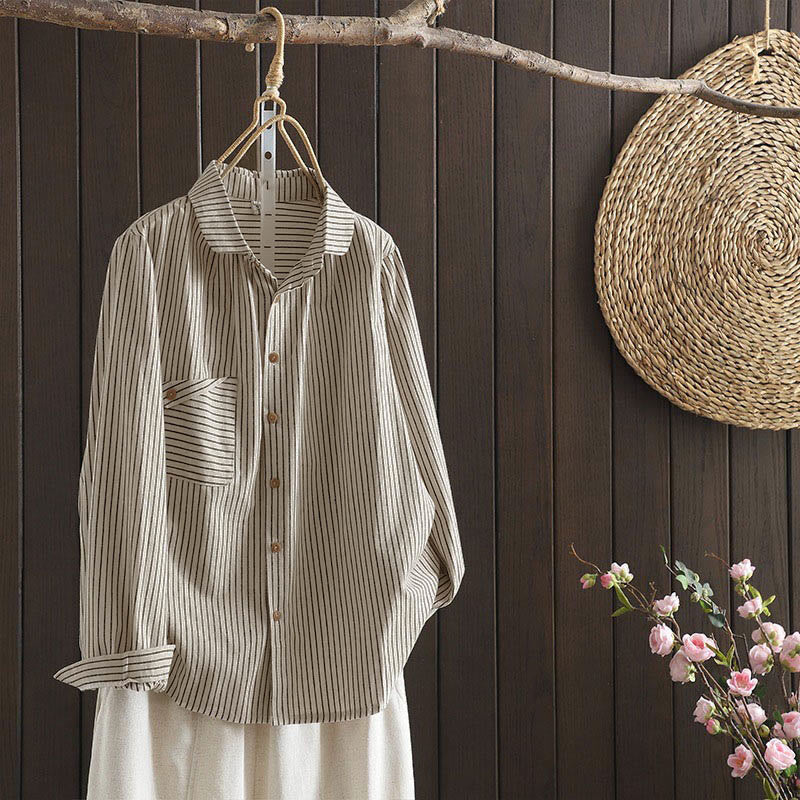 Buddha Stones Fall Stripe Stand Collar Buttons Women's Long Sleeve Shirt With Pocket - OldLace - US8-10,UK/AU12-14,EU40-42 (2XL) - image 1