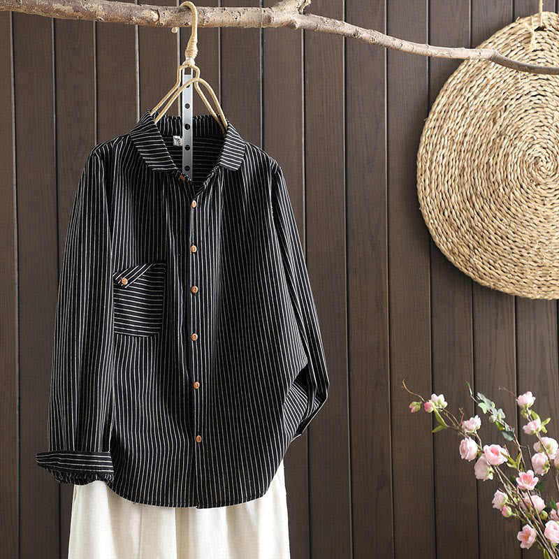 Buddha Stones Fall Stripe Stand Collar Buttons Women's Long Sleeve Shirt With Pocket - Black - US8-10,UK/AU12-14,EU40-42 (2XL) - image 13