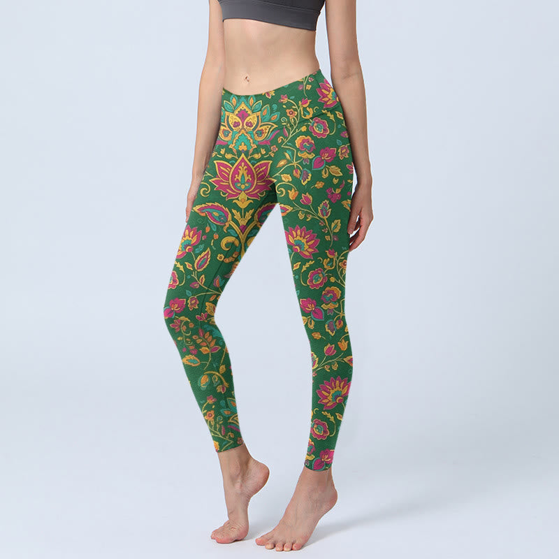 Buddha Stones Brightly Colored Flower Leaf Pattern Gym Leggings Women's Yoga Pants - Green - US18,UK/AU22,EU50 (4XL) - image 0