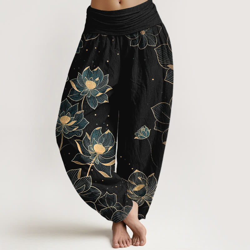 Buddha Stones Pure Cotton Delicate Lotus Pattern Women's Elastic Waist Harem Pants - Black - US16,UK/AU20,EU48 (3XL) - image 5