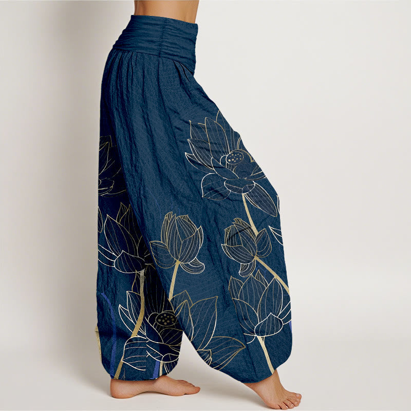 Buddha Stones Pure Cotton Minimalist Style Lotus Flower Pod Pattern Women's Elastic Waist Harem Pants - image 2