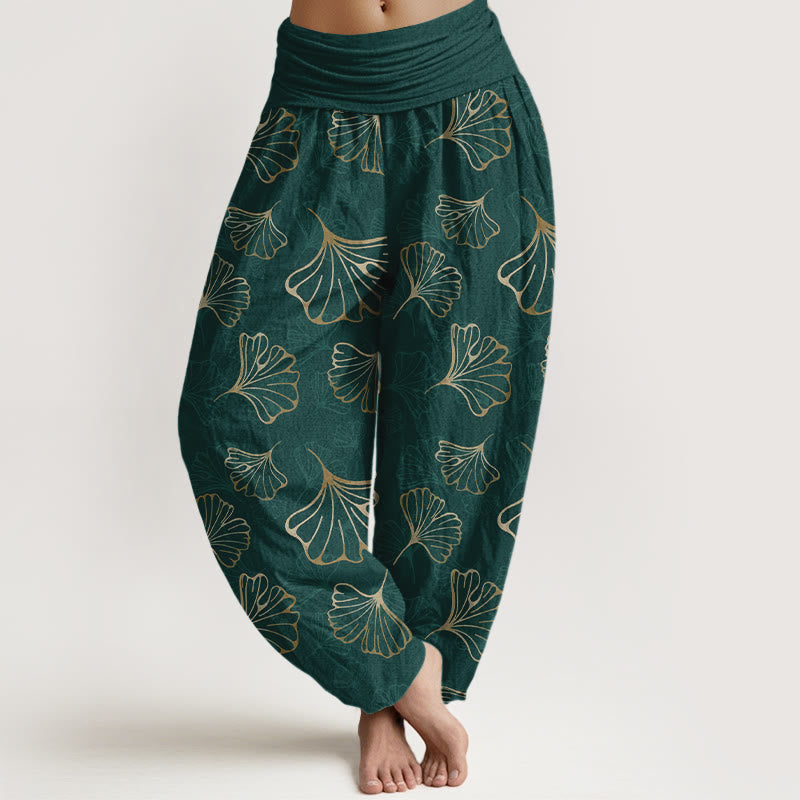 Buddha Stones Pure Cotton Minimalist Style Ginkgo Leaves Pattern Women's Elastic Waist Harem Pants - DarkGreen - US16,UK/AU20,EU48 (3XL) - image 0