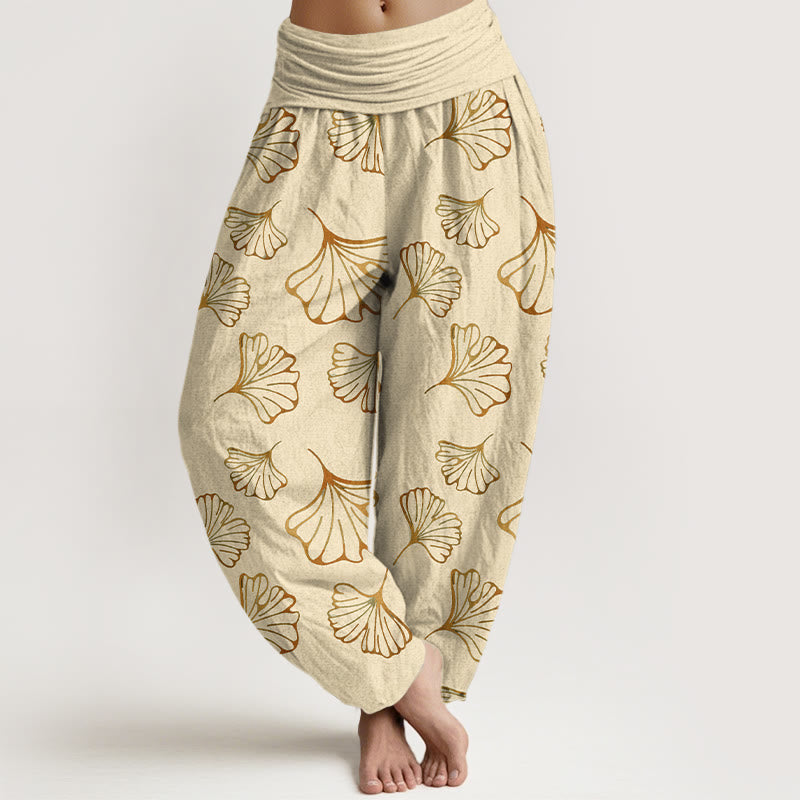 Buddha Stones Pure Cotton Minimalist Style Ginkgo Leaves Pattern Women's Elastic Waist Harem Pants - LemonChiffon - US16,UK/AU20,EU48 (3XL) - image 5