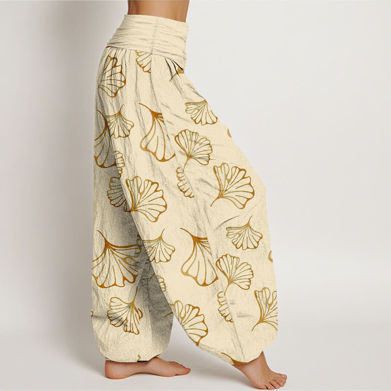 Buddha Stones Pure Cotton Minimalist Style Ginkgo Leaves Pattern Women's Elastic Waist Harem Pants - image 7