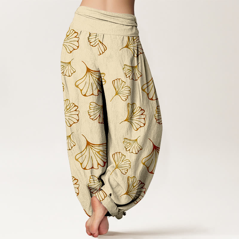 Buddha Stones Pure Cotton Minimalist Style Ginkgo Leaves Pattern Women's Elastic Waist Harem Pants - image 6