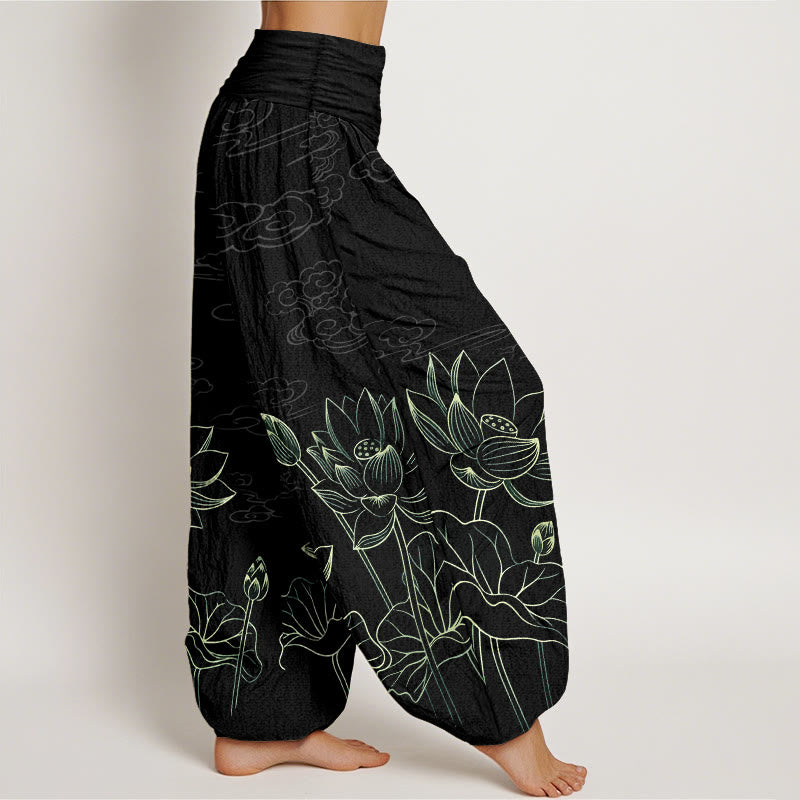 Buddha Stones Pure Cotton Concise Lotus Flower Leaf Pod Bud Cloud Patterns. Pattern Women's Elastic Waist Harem Pants - image 10