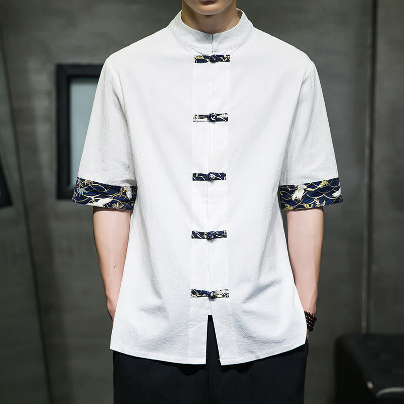 Buddha Stones Solid Color Frog-Button Stand Collar Men's Short Sleeve White Crane Cotton Shirt - White - US/UK/AU46,EU56 (5XL) - image 9