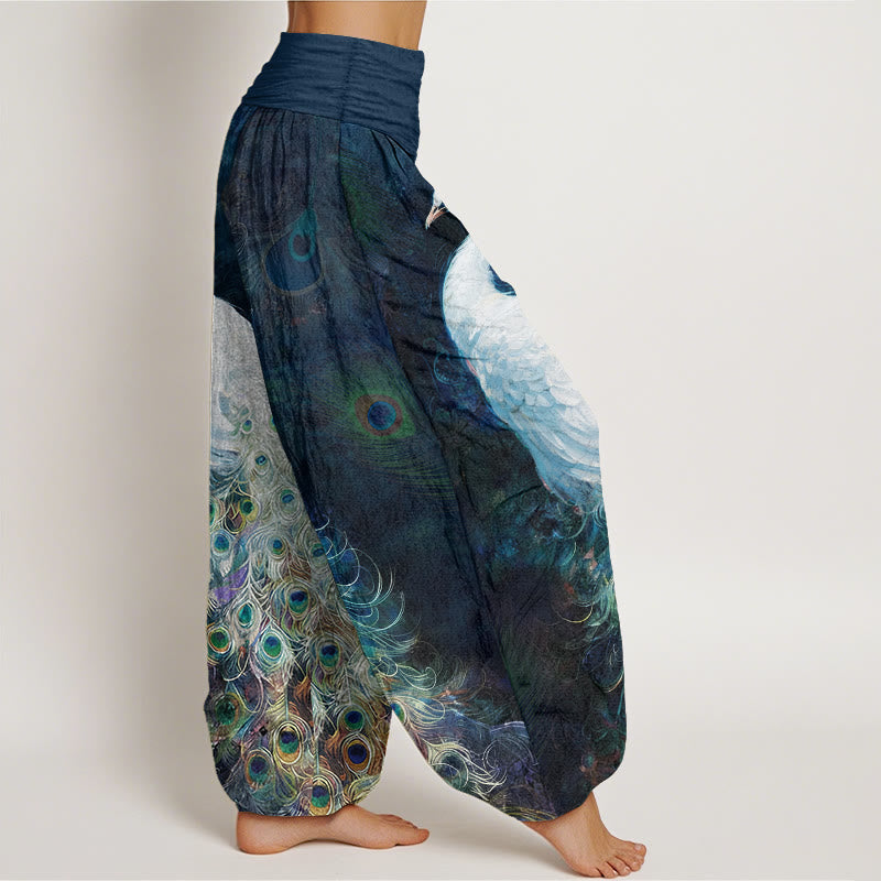 Buddha Stones Pure Cotton Gorgeous Peacock Pattern Women's Elastic Waist Harem Pants - image 2