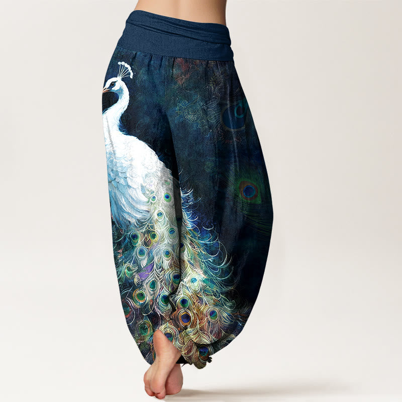 Buddha Stones Pure Cotton Gorgeous Peacock Pattern Women's Elastic Waist Harem Pants - image 1
